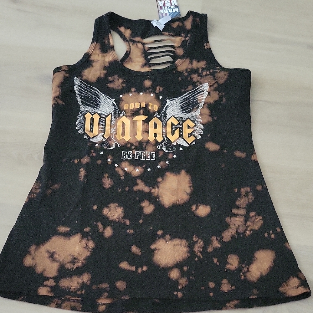 Bleached Black Tank with 'Vintage' Wing Graphic And Distressed Back NWT